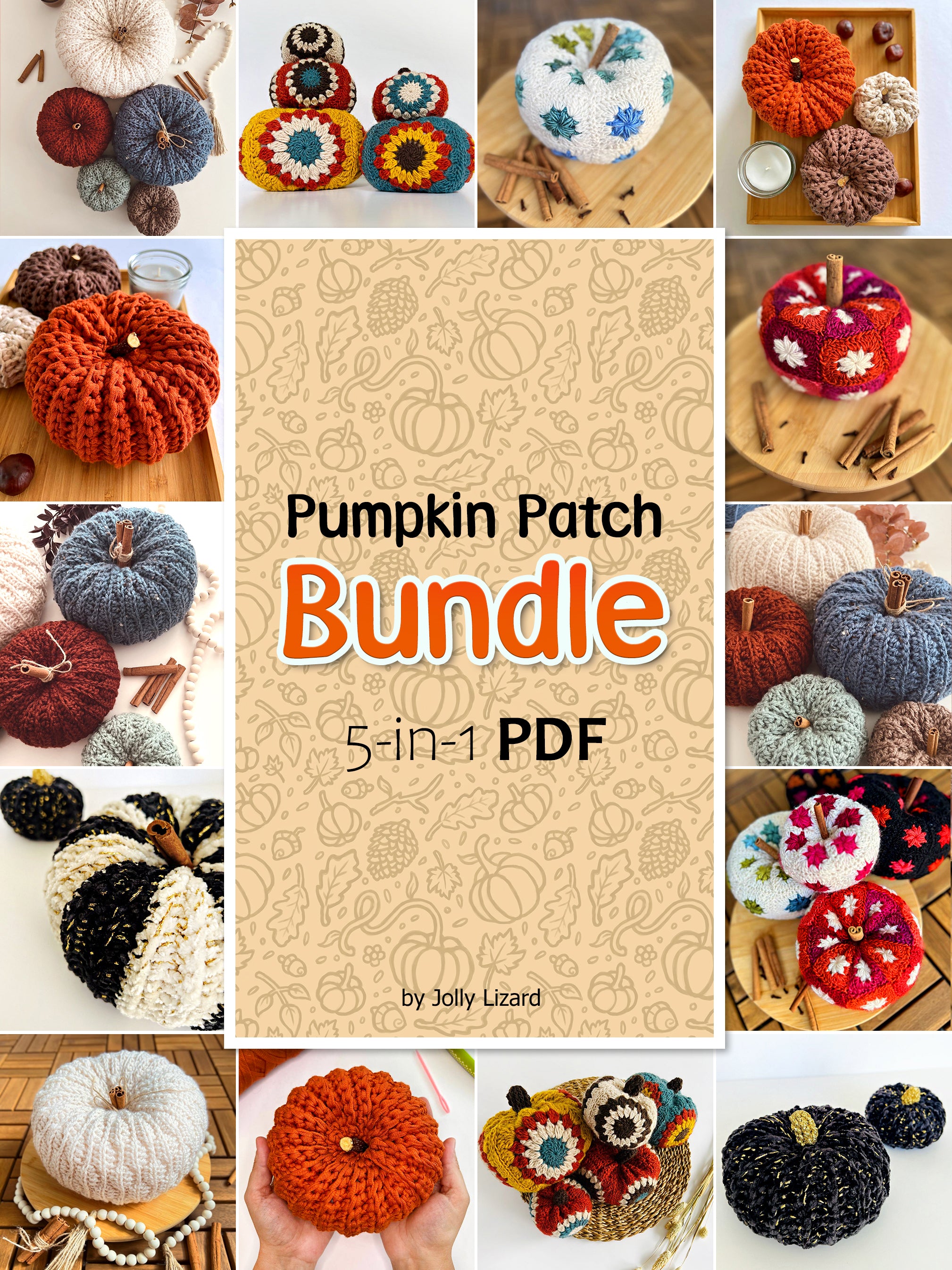 Pumpkin Patch Bundle 5-in-1 PDF by Jolly Lizard, featuring  various crocheted pumpkins in autumn colors.