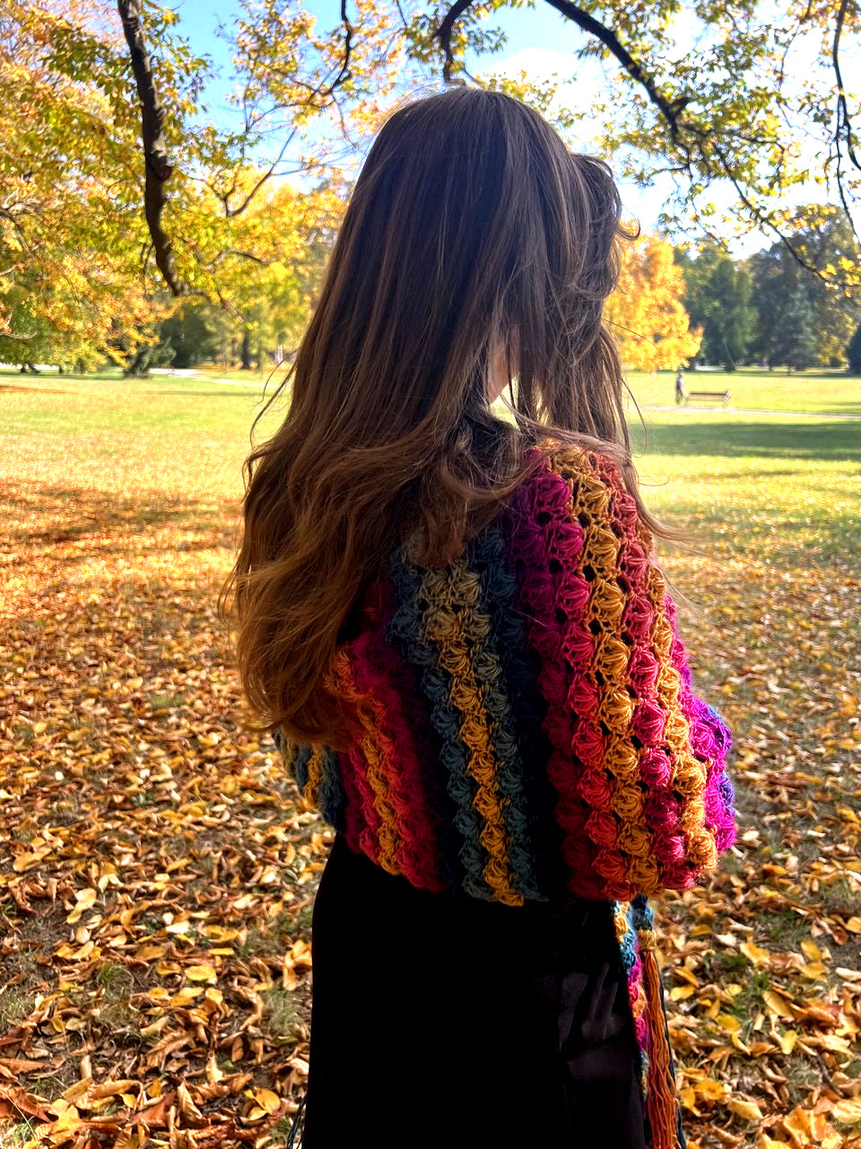 A woman viewed from behind in an autumn park, wearing a colorful crocheted wrap or shawl with vertical stripes of pink, orange, yellow, green, and blue over a black dress.